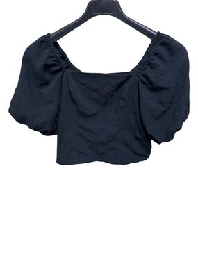 Melrose and Market Black Smocked Puff Sleeve Cropped Blouse Sz S